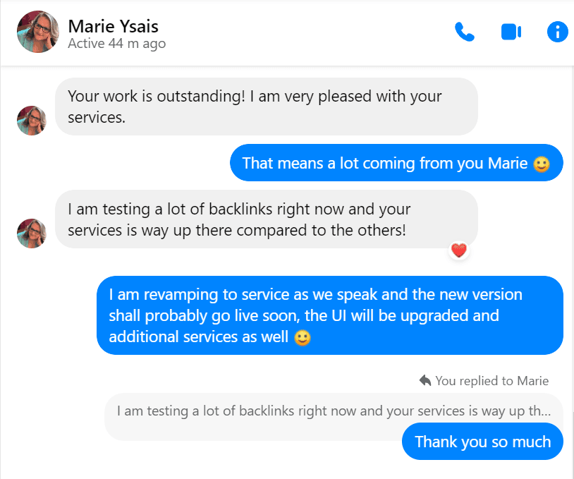 Facebook Messenger conversation with Marie Ysais praising the work